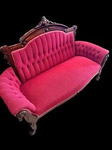 Victorian Eastlake Antique Upholstered Walnut Settee or Sofa In Cranberry Tweed - Picture 1 of 24