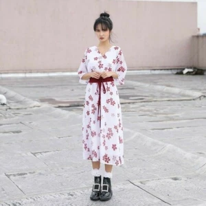 Lady Japanese Sakura Kimono Dress Chiffon V Neck Lolita Costume 3/4 Sleeve Chic - Picture 1 of 10