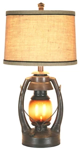 Vintage Style Oil Lantern Table Lamp With Night Light Burlap Shade Rustic Cabin - Picture 1 of 4