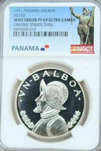 1971 PANAMA SILVER 1 BALBOA NGC PF 69 ULTRA CAMEO MINT ERROR STRUCK THRU TOP POP - Picture 1 of 5