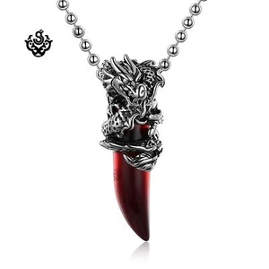 Silver dragon wine red wolf tooth pendant stainless steel chain gothic necklace - Picture 1 of 8