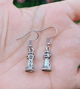 Lighthouse charm dangle earrings, stainless steel earring hooks, US seller - Picture 1 of 2