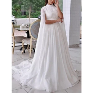 Muslim White Wedding Dresses Chiffon A-line Belt Undetachable Shawl Pleats Gowns - Picture 1 of 8