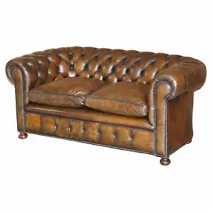 STUNNING ANTIQUE FULLY RESTORED CIGAR BROWN LEATHER CHESTERFIELD SOFA WALNUT - Picture 1 of 12