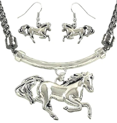 银色马吊坠项链和耳环套装镀铑快速发货 — 第 1/2 张图片
