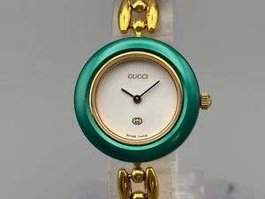 [Excellent] Auth GUCCI Change Bezel Watch 1200 Quartz Gold Metal Green Vintage - Picture 1 of 13