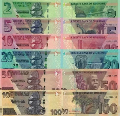 Zimbabwe 6 PCS Set: 2 to 100 Dollars (2019/2020) - All p-101a to p-106a UNC - Image 1 of 4