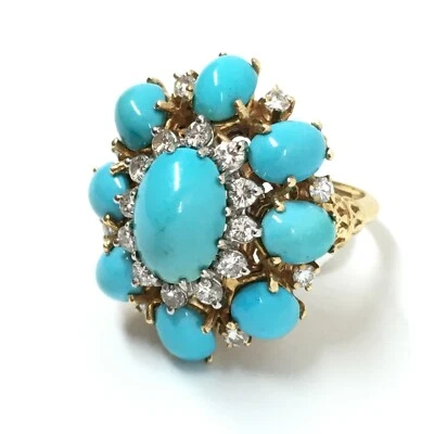 Anillo Vintage Turquesa Natural Oro Amarillo 18K Cóctel Flor Halo Diamantes Foto 1 de 4