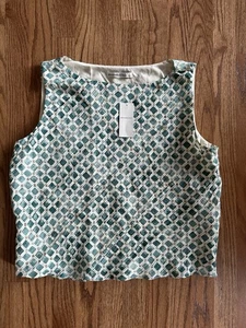NWT Abercrombie & Fitch Green & White Diamond Crinkle Sleeveless Top Lined Large - Picture 1 of 6