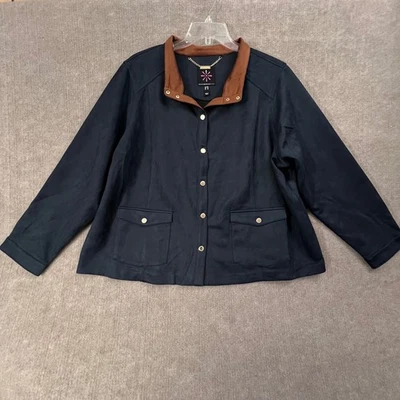 Isaac Mizrahi LIVE! Blue Jacket Brown Trim Gold Button Size 28W Blazer Coat - Image 1 of 4