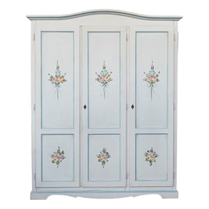 ARMADIO IN LEGNO 3 ANTE IN LEGNO BIANCO ANTICATO DECORATO FIORI FILO AZZURRO - Foto 1 di 9