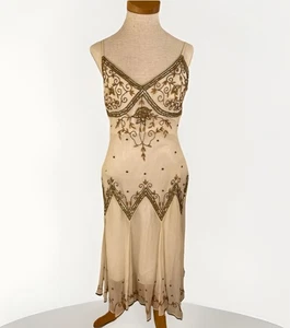 Vintage Adrianna Papell Boutique Silk Beaded Dress Fairy White Midi Size P6 - Picture 1 of 11