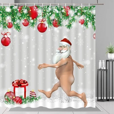 Funny Santa Claus Shower Curtain Christmas Holiday Bathroom Decor with Ornaments - Image 1 of 4