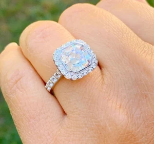 Anillo de compromiso de diamantes Asscher de oro blanco de 14 k certificado IGI bisel de halo 4,00 ctw - Imagen 1 de 10