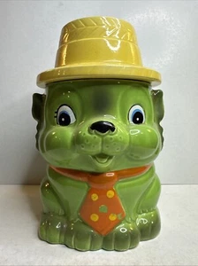 Vintage Cookie Jar of Hand Painted Green Dog With Yellow Straw Hat Japan - Picture 1 of 9