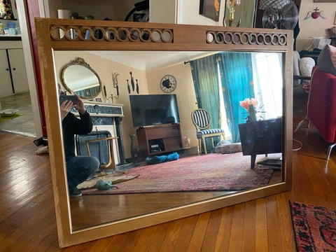 Vintage large John Stuart mid century  MCM walnut mirror sculpted scroll pattern Cover