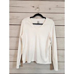 Cherokee Womens White Solid Cotton V-Neck Long Sleeve Classic T-Shirt Size Large - Picture 1 of 5