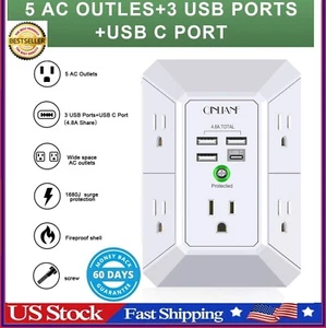 5 Outlet Extender Surge Protector Multi Plug Wall Adapter USB Charger Ports with - Picture 1 of 22