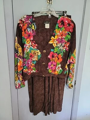 Carole Little Short  Jacket Matching Pants  Rayon Vintage 90's Tropical Floral - Image 1 of 4