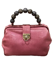 Giorgio of Beverly Hills Pink Pebble Soft Leather Purse Large Metal Beads Handle - Picture 1 of 16
