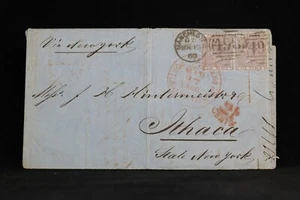 Allan Line: 1860 GB 6 Pence Pair Cover to USA, Red Portland Packet 24 - Picture 1 of 4