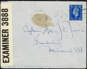 2922 GB UK TO US COPERTINA CENSURATA 1941 BOURNEMOUTH - GRANDVIEW, MO - Foto 1 di 2