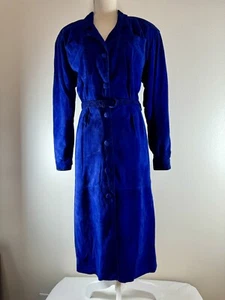 Vtg 80's Size 10 Royal Blue Suede Button Down Coat Dress Siena New York - Picture 1 of 24