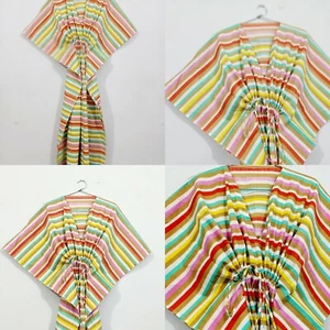 Indian Pure Cotton Multi Rainbow Striped Kaftan Bikini Cover Up Night Gown Dress - Picture 1 of 5