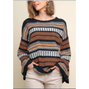Umgee Maglione donna a righe blu e arancione a maglia manica a campana. Taglia M - Foto 1 di 9
