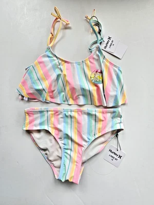 Hurley Big Girl's 14 2 Pc Rainbow Stripe Flounce Ruffle Flutter Bikini Swimsuit - Image 1 of 2