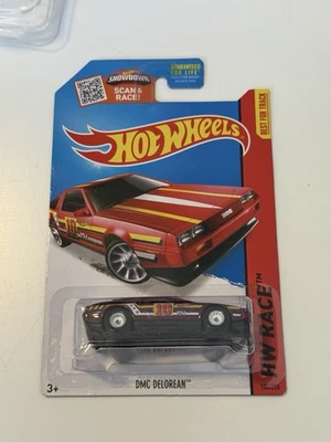 2015 Hot Wheels DMC DeLorean Super Treasure Hunt HW Race 184/250 Red w/Protector - Image 1 of 4