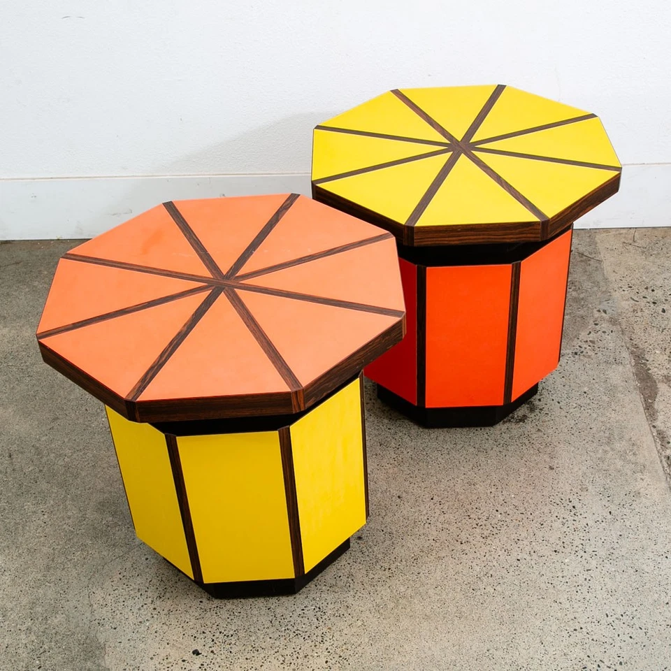 Mid Century Modern End Tables Side Nightstands Rosewood Octogon Orange Yellow - Image 1 of 4