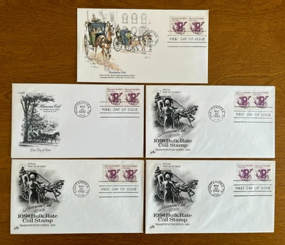 5)#1904 HANSOM CAB TRANSPORTATION  FDC FLEETWOOD/ARTCRAFT/ARTMASTER 1982  5 PAIR - Image 1 of 4