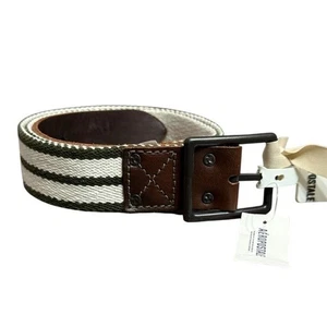 Aeropostale Canvas Leather Men’s Belt L/XL Green White Striped Reversible NEW - Picture 1 of 5