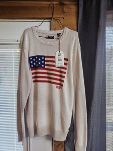 Chaps American Flag USA Sweater Mens Size Small Oatmeal Heather Crewneck NEW - Picture 1 of 9
