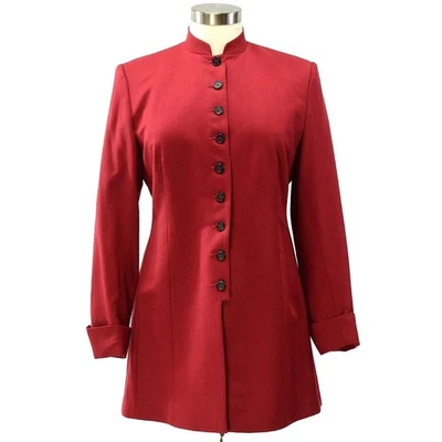 90s Vintage Ruby Red Wool Longline Jacket Womens 16 Mandarin Collar Gothic Coat - Image 1 of 4