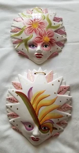 Set of 2 Decorative Wall Art Ceramic Masks Floral Bird of Paradise - Picture 1 of 17