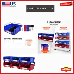 Hanging Stackable Storage Bin Plastic Organizer Garage Box 6 PCS Blue/Red - Picture 1 of 9