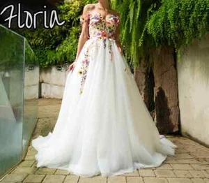 Off Shoulder Embroidered Wedding Dress 3D Colorful Appliques Puffed Tulle Dress - Picture 1 of 8