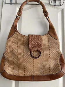 Cole Haan Large Straw Woven Leather Tote Hand Bag Purse CAMEL TAN Brown - Picture 1 of 24
