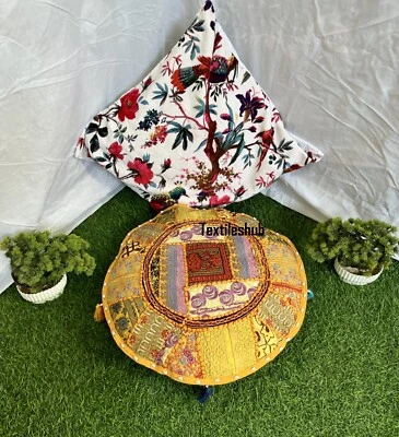 Indien Yellow Round Pillow Cushion Cover Floor Patchwork Throw Boho Décor Cover - Image 1 of 4