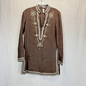 Old Navy Perfect Fit 100% Linen Ethnic Brown Embroidered Tunic XS - Picture 1 of 9