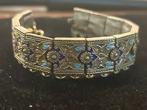 "Brazalete de eslabones de panel de diseño de Oriente Medio esmalte antiguo de plata 900 8""" - Imagen 1 de 12