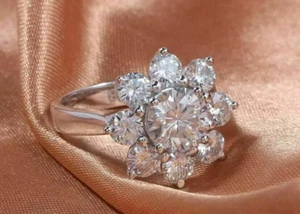 3.20 Ct Round Cut Simulated Diamond Flower Engagement Ring 14K White Gold Plated - Picture 1 of 7