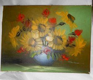 Vintage (Mid Century) ungerahmtes Original Ölgemälde Sonnenblumen 12 x 16 Zoll - Bild 1 von 4
