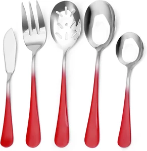 Serving Utensils Set, Gradient Red 5-Piece Hostess Set, Stainless Steel Silverwa - Picture 1 of 6