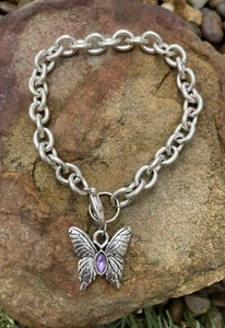 ✅Womens Silver Tone Charm Bracelet Butterfly Bracelet Purple Faux Amethyst - Picture 1 of 6