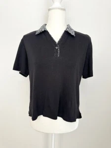 Kim Rogers Petites Women's Knit Top Size PM Black White Floral Trim Short Sleeve - Picture 1 of 9
