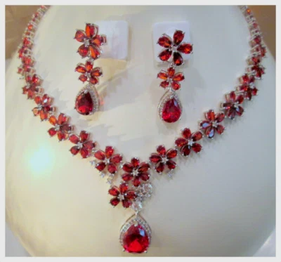 RUBY GEMSTONE HIGH GRADE 18K WHITE GOLD FINESHED LADIES NECKLACE EARRING SET - Image 1 of 4