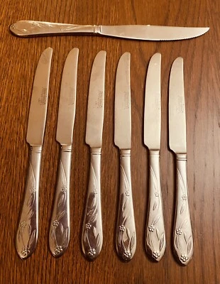 Temp-tations Old World Floral Round Tip 6- Dinner Knives 9 3/4" & 1 Steak Knife - Image 1 of 4